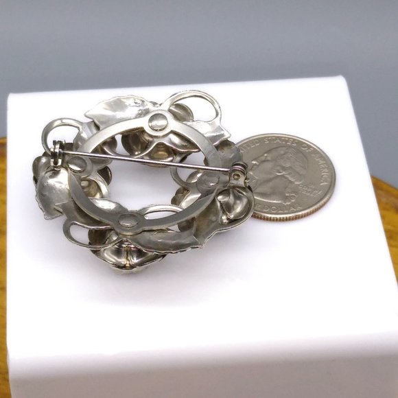 Silver Tone Wreath of Roses Brooch, Floral Circle with Crystal Center Flowers - Picture 5 of 5